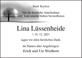 Traueranzeige von Lina Lüssenheide von Neue Osnabrücker Zeitung GmbH & Co. KG