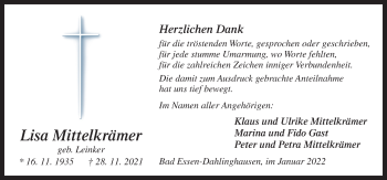 Traueranzeige von Lisa Mittelkrämer von Neue Osnabrücker Zeitung GmbH & Co. KG
