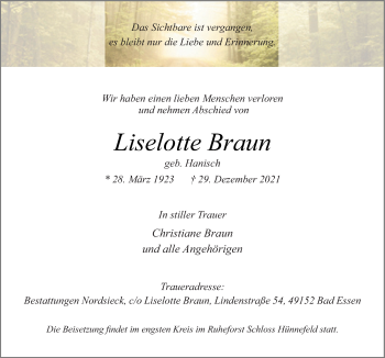 Traueranzeige von Liselotte Braun von Neue Osnabrücker Zeitung GmbH & Co. KG