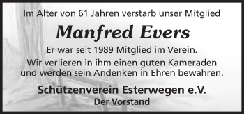 Traueranzeige von Manfred Evers von Neue Osnabrücker Zeitung GmbH & Co. KG