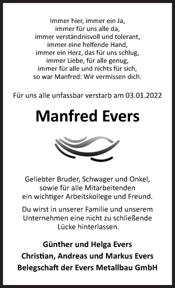 Traueranzeige von Manfred Evers von Neue Osnabrücker Zeitung GmbH & Co. KG