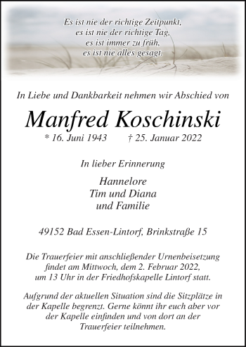 Traueranzeige von Manfred Koschinski von Neue Osnabrücker Zeitung GmbH & Co. KG