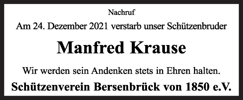  Traueranzeige für Manfred Krause vom 14.01.2022 aus Neue Osnabrücker Zeitung GmbH & Co. KG