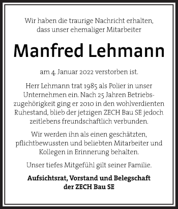 Traueranzeige von Manfred Lehmann von Neue Osnabrücker Zeitung GmbH & Co. KG
