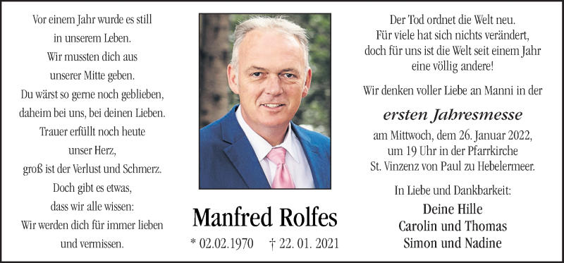  Traueranzeige für Manfred Rolfes vom 22.01.2022 aus Neue Osnabrücker Zeitung GmbH & Co. KG