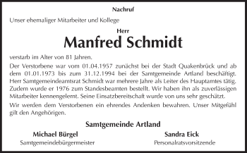 Traueranzeige von Manfred Schmidt von Neue Osnabrücker Zeitung GmbH & Co. KG