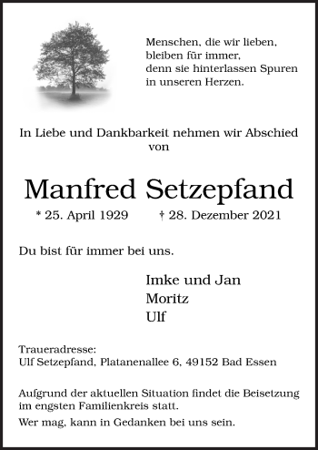 Traueranzeige von Manfred Setzepfand von Neue Osnabrücker Zeitung GmbH & Co. KG