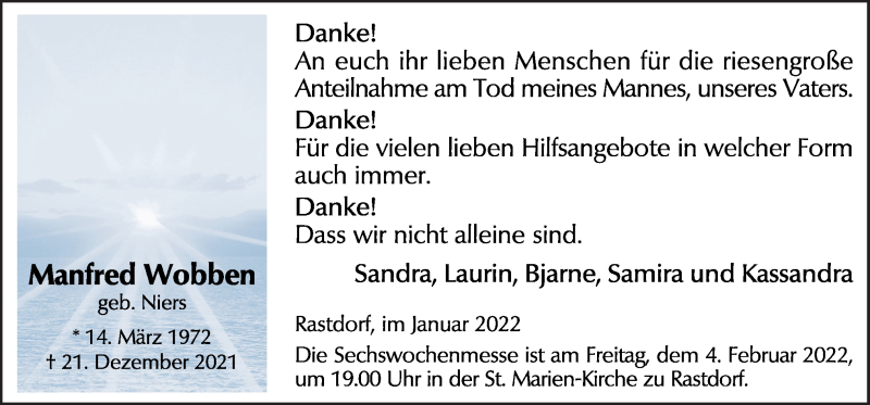  Traueranzeige für Manfred Wobben vom 29.01.2022 aus Neue Osnabrücker Zeitung GmbH & Co. KG
