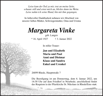 Traueranzeige von Margareta Vinke von Neue Osnabrücker Zeitung GmbH & Co. KG