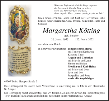 Traueranzeige von Margaretha Kötting von Neue Osnabrücker Zeitung GmbH & Co. KG