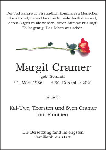 Traueranzeige von Margit Cramer von Neue Osnabrücker Zeitung GmbH & Co. KG