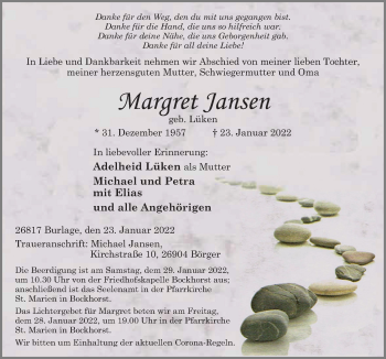 Traueranzeige von Margret Jansen von Neue Osnabrücker Zeitung GmbH & Co. KG