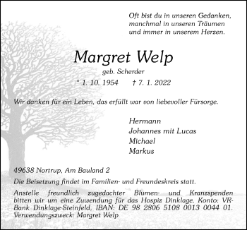 Traueranzeige von Margret Welp von Neue Osnabrücker Zeitung GmbH & Co. KG