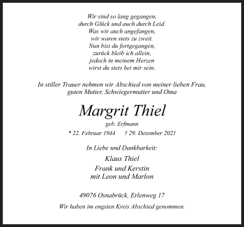 Traueranzeige von Margrit Thiel von Neue Osnabrücker Zeitung GmbH & Co. KG