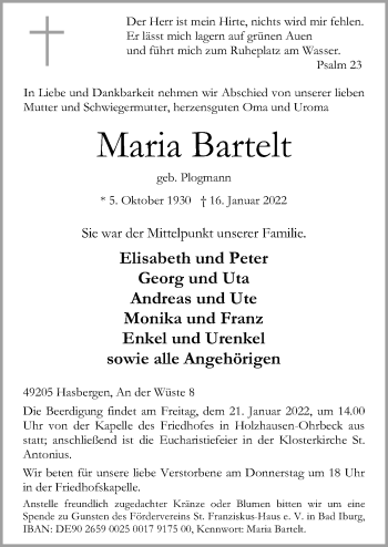 Traueranzeige von Maria Bartelt von Neue Osnabrücker Zeitung GmbH & Co. KG