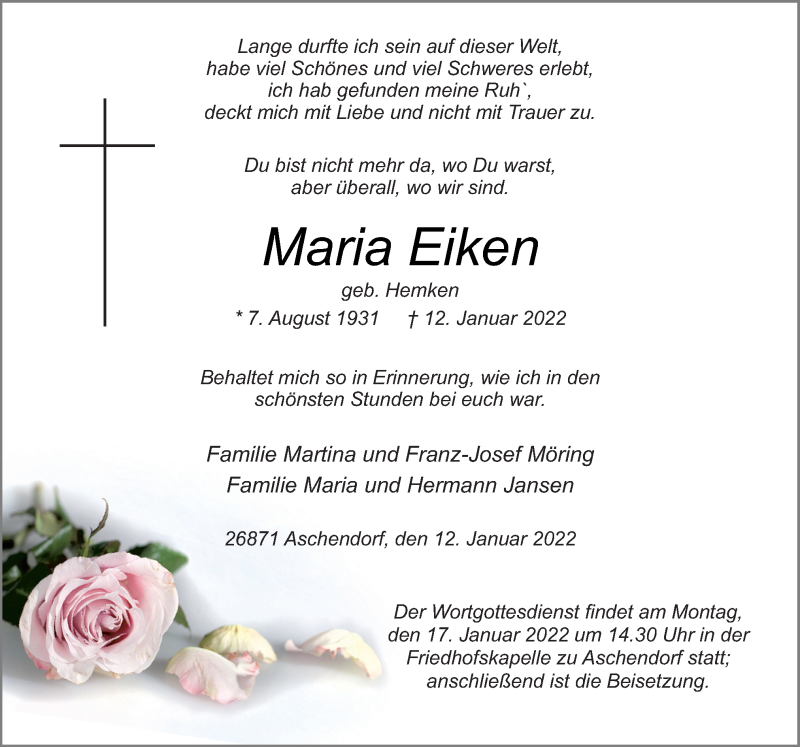  Traueranzeige für Maria Eiken vom 14.01.2022 aus Neue Osnabrücker Zeitung GmbH & Co. KG
