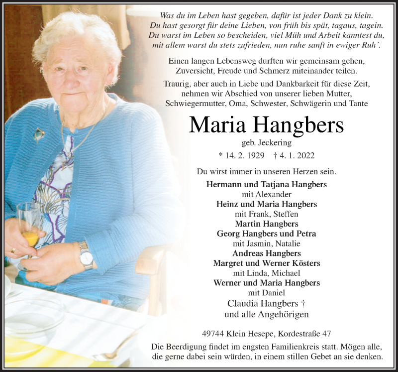  Traueranzeige für Maria Hangbers vom 07.01.2022 aus Neue Osnabrücker Zeitung GmbH & Co. KG