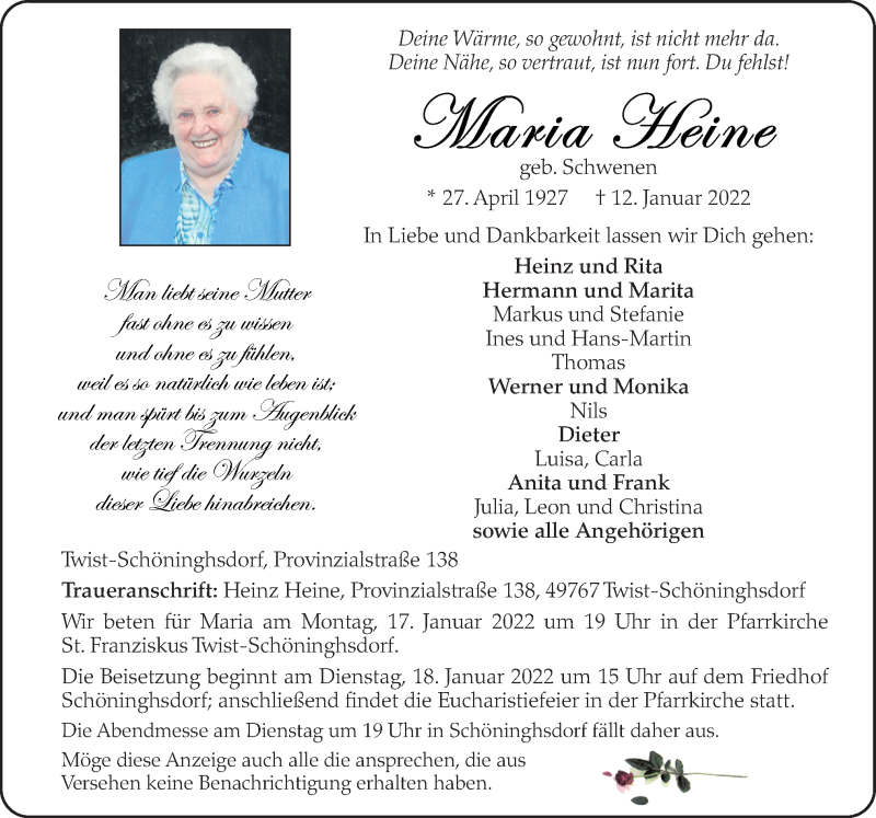  Traueranzeige für Maria Heine vom 15.01.2022 aus Neue Osnabrücker Zeitung GmbH & Co. KG