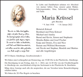 Traueranzeige von Maria Krüssel von Neue Osnabrücker Zeitung GmbH & Co. KG