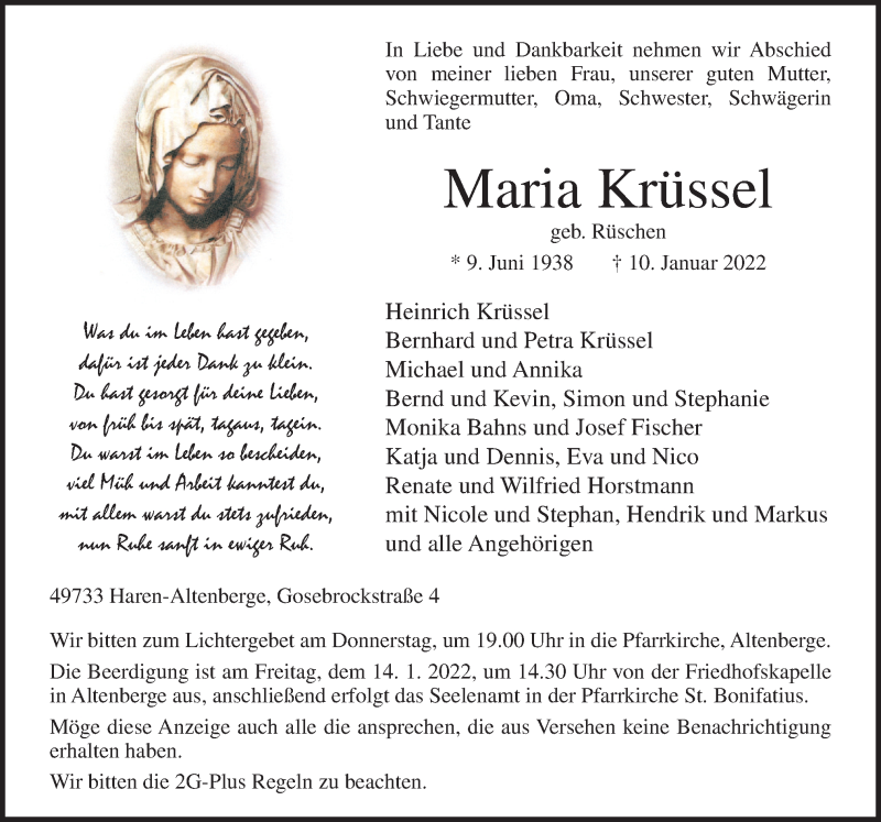  Traueranzeige für Maria Krüssel vom 12.01.2022 aus Neue Osnabrücker Zeitung GmbH & Co. KG