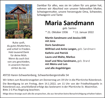 Traueranzeige von Maria Sandmann von Neue Osnabrücker Zeitung GmbH & Co. KG