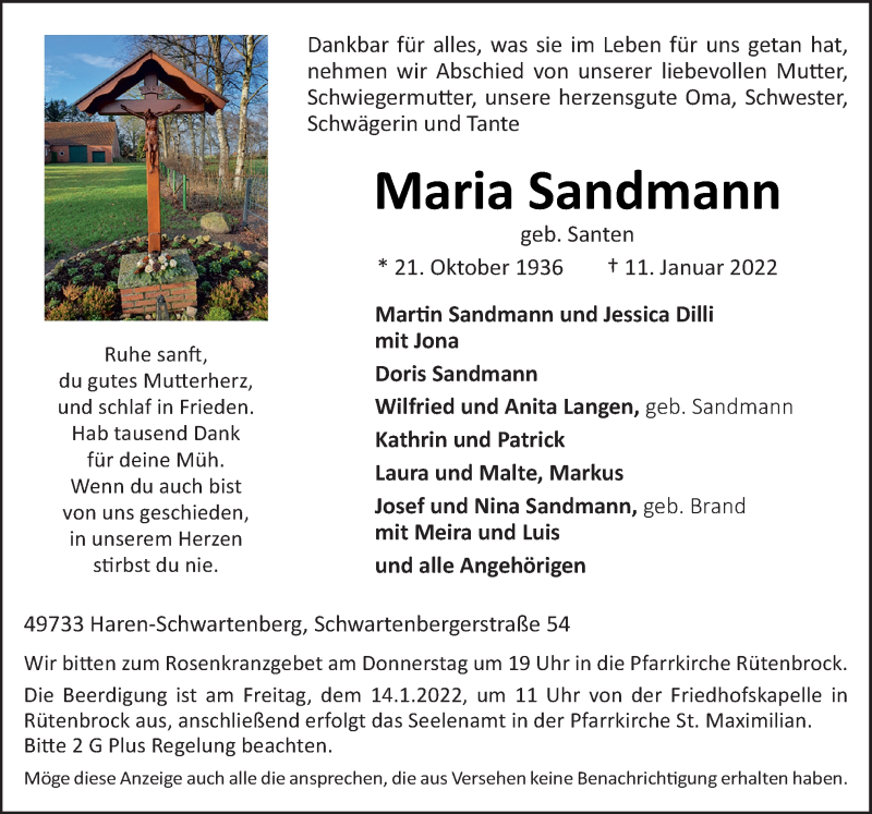  Traueranzeige für Maria Sandmann vom 13.01.2022 aus Neue Osnabrücker Zeitung GmbH & Co. KG