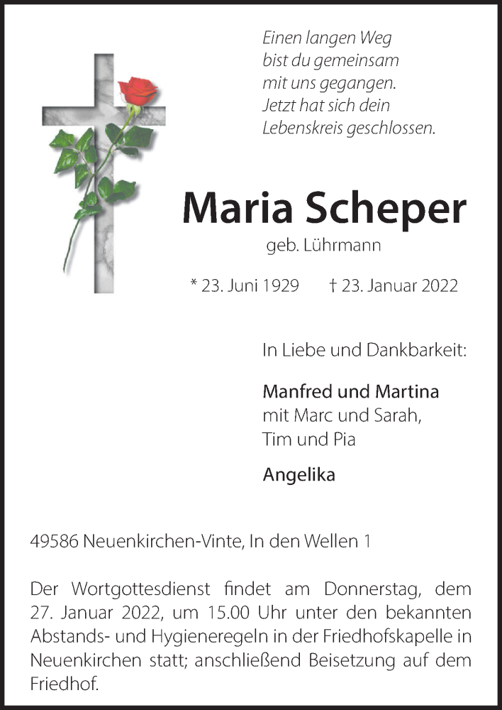  Traueranzeige für Maria Scheper vom 25.01.2022 aus Neue Osnabrücker Zeitung GmbH & Co. KG