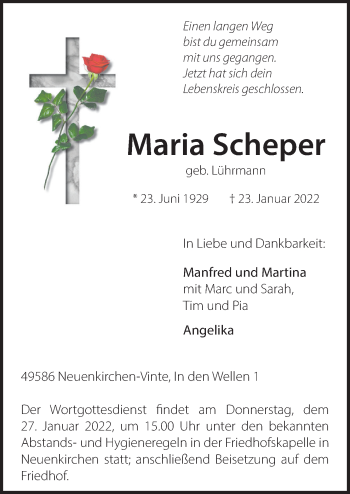 Traueranzeige von Maria Scheper von Neue Osnabrücker Zeitung GmbH & Co. KG