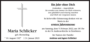 Traueranzeige von Maria Schlicker von Neue Osnabrücker Zeitung GmbH & Co. KG