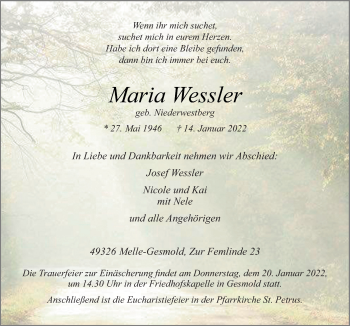 Traueranzeige von Maria Wessler von Neue Osnabrücker Zeitung GmbH & Co. KG