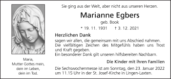 Traueranzeige von Marianne Egbers von Neue Osnabrücker Zeitung GmbH & Co. KG