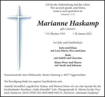 Traueranzeige von Marianne Haskamp von Neue Osnabrücker Zeitung GmbH & Co. KG