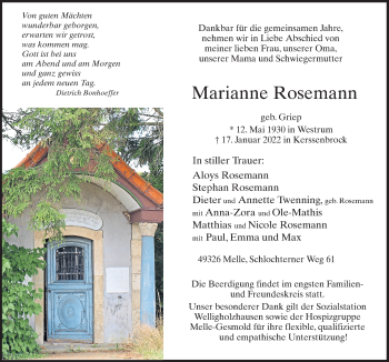 Traueranzeige von Marianne Rosemann von Neue Osnabrücker Zeitung GmbH & Co. KG
