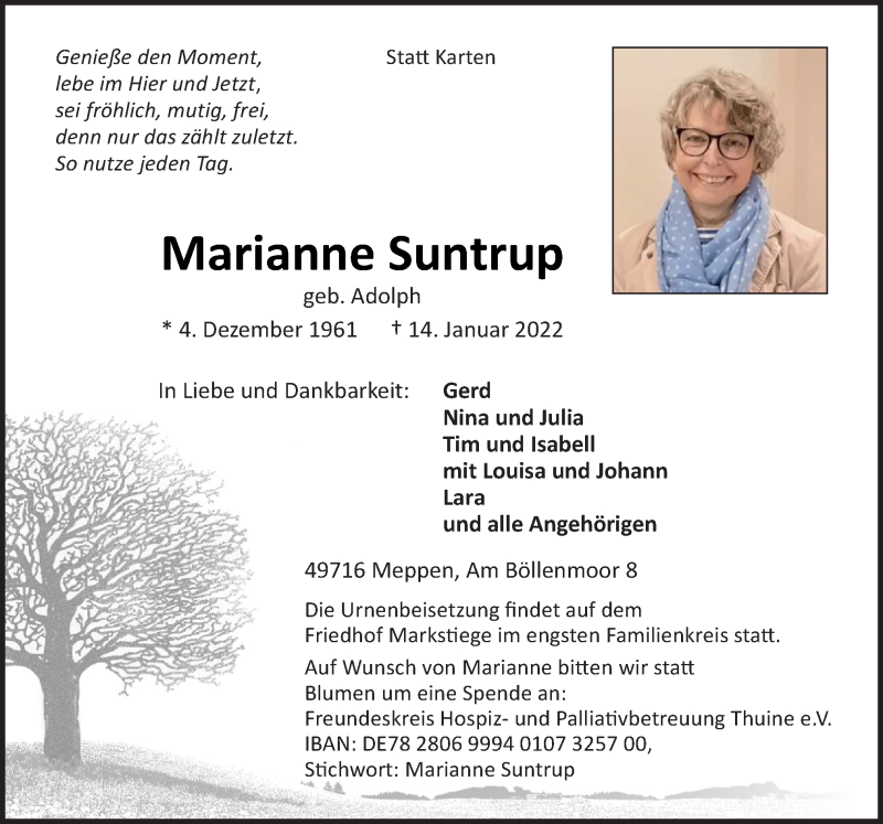  Traueranzeige für Marianne Suntrup vom 19.01.2022 aus Neue Osnabrücker Zeitung GmbH & Co. KG