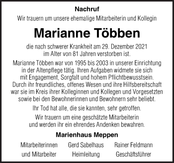 Traueranzeige von Marianne Többen von Neue Osnabrücker Zeitung GmbH & Co. KG