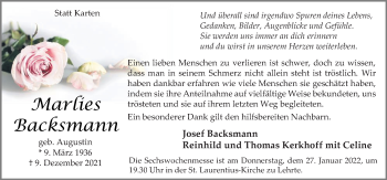 Traueranzeige von Marlies Backsmann von Neue Osnabrücker Zeitung GmbH & Co. KG