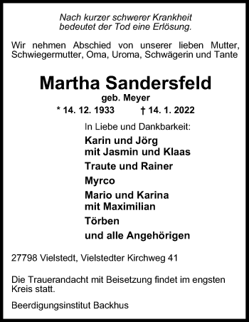 Traueranzeige von Martha Sandersfeld von Neue Osnabrücker Zeitung GmbH & Co. KG