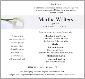 Traueranzeige von Martha Wolters von Neue Osnabrücker Zeitung GmbH & Co. KG