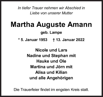 Traueranzeige von Martha Auguste Amann von Neue Osnabrücker Zeitung GmbH & Co. KG