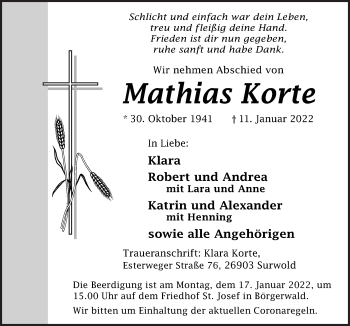 Traueranzeige von Mathias Korte von Neue Osnabrücker Zeitung GmbH & Co. KG