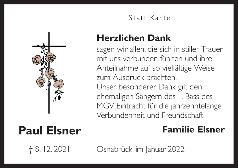  Traueranzeige für Paul Elsner vom 29.01.2022 aus Neue Osnabrücker Zeitung GmbH & Co. KG