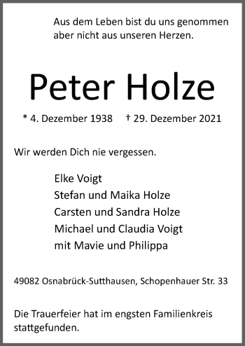 Traueranzeige von Peter Holze von Neue Osnabrücker Zeitung GmbH & Co. KG