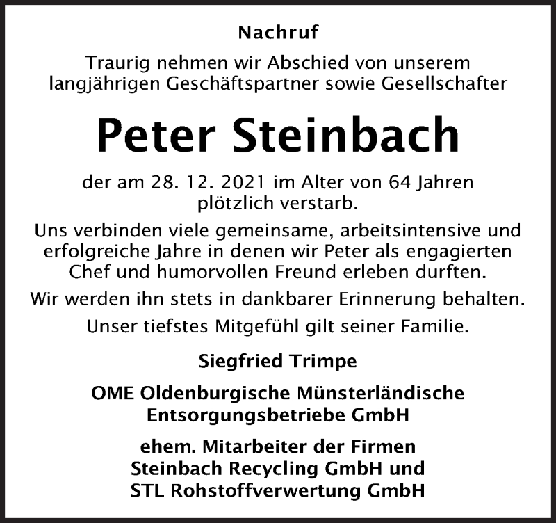  Traueranzeige für Peter Steinbach vom 08.01.2022 aus Neue Osnabrücker Zeitung GmbH & Co. KG