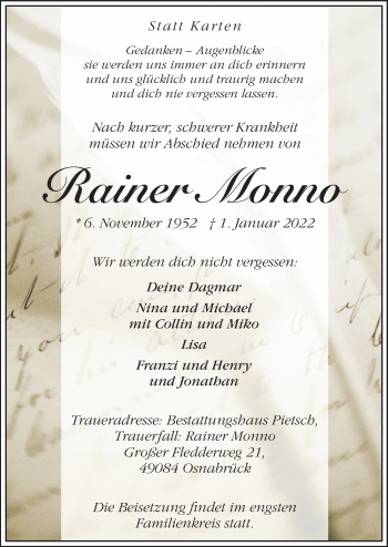 Traueranzeige von Rainer Monno von Neue Osnabrücker Zeitung GmbH & Co. KG