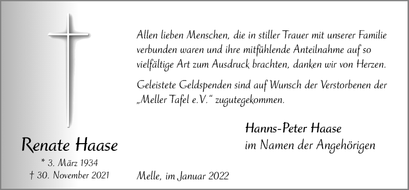  Traueranzeige für Renate Haase vom 14.01.2022 aus Neue Osnabrücker Zeitung GmbH & Co. KG