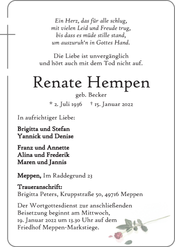 Traueranzeige von Renate Hempen von Neue Osnabrücker Zeitung GmbH & Co. KG