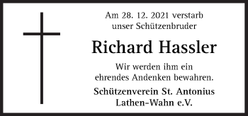 Traueranzeige von Richard Hassler von Neue Osnabrücker Zeitung GmbH & Co. KG