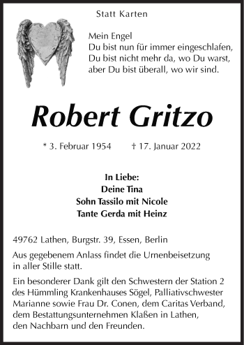 Traueranzeige von Robert Gritzo von Neue Osnabrücker Zeitung GmbH & Co. KG