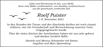 Traueranzeige von Roelf Puister von Neue Osnabrücker Zeitung GmbH & Co. KG