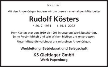 Traueranzeige von Rudolf Kösters von Neue Osnabrücker Zeitung GmbH & Co. KG
